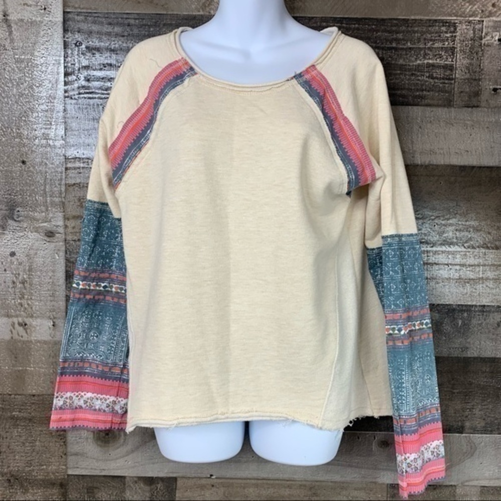 Cream Blue Pink Aztec Print Mixed Fabric Sweatshirt Flare Sleeves Size Large